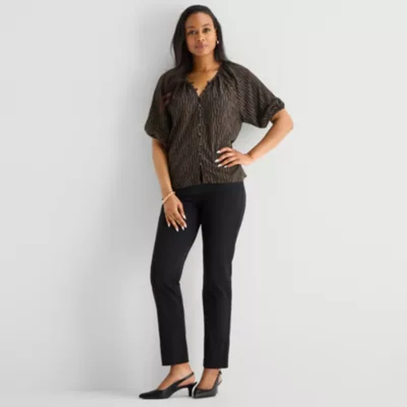 Liz Claiborne Womens Split Crew Neck Short Sleeve Blouse