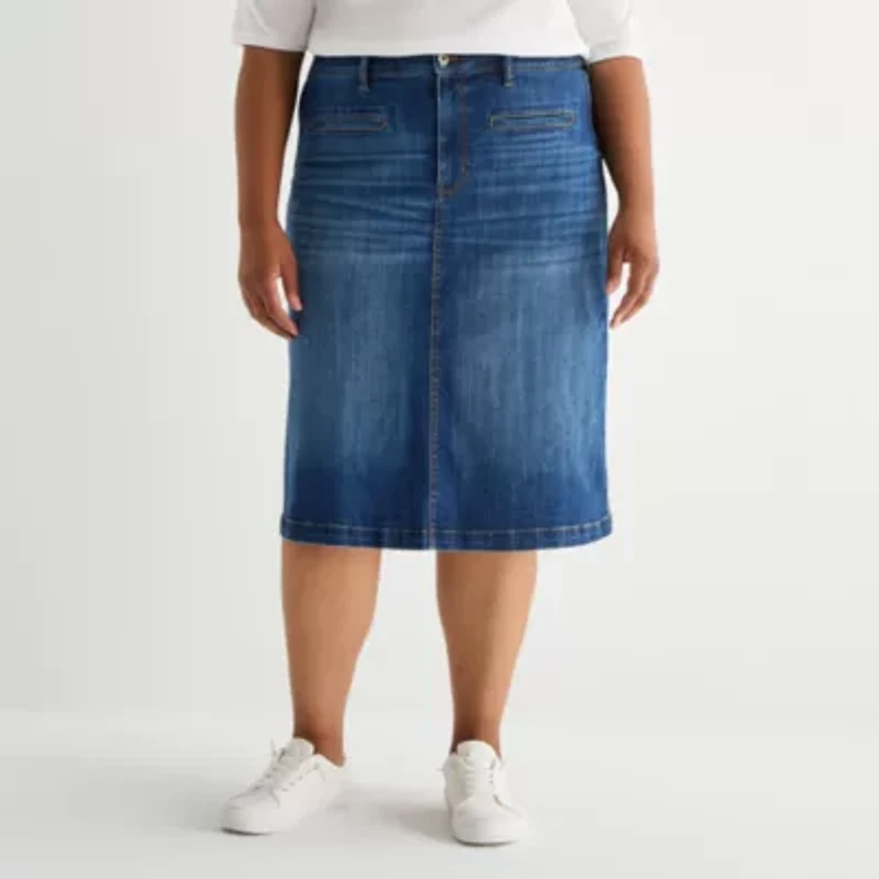 St. John's Bay Womens Plus High Rise Midi Denim Skirt