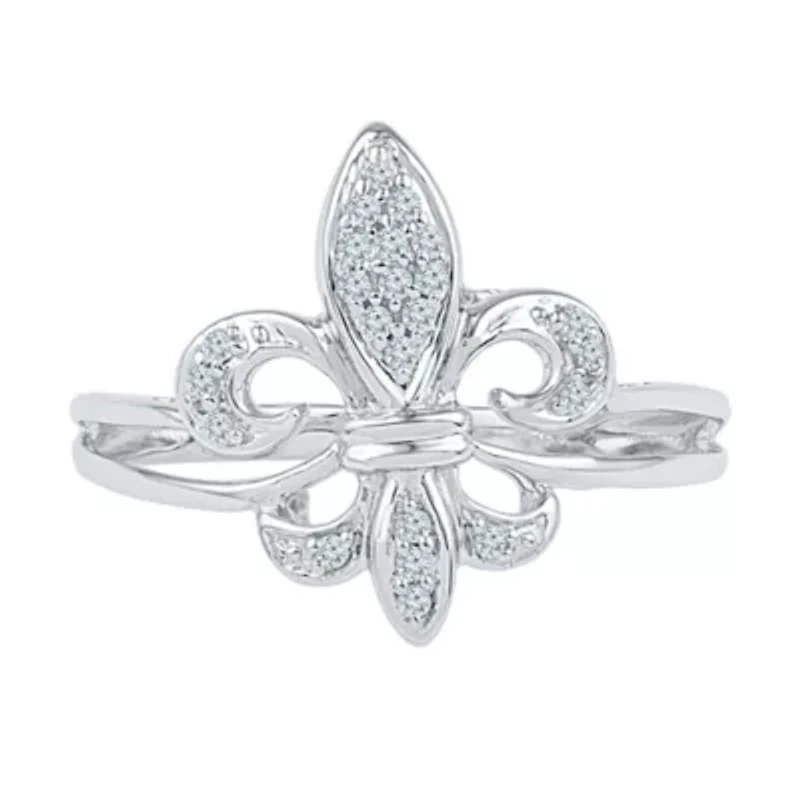 Womens 1/8 CT. T.W. Natural White Diamond Sterling Silver Fleur De Lis Cocktail Ring