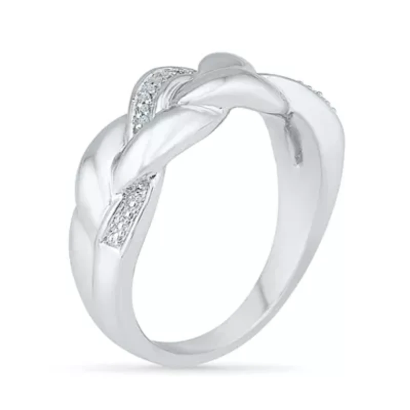 Womens 2MM Diamond Accent Natural White Sterling Silver Crossover Band