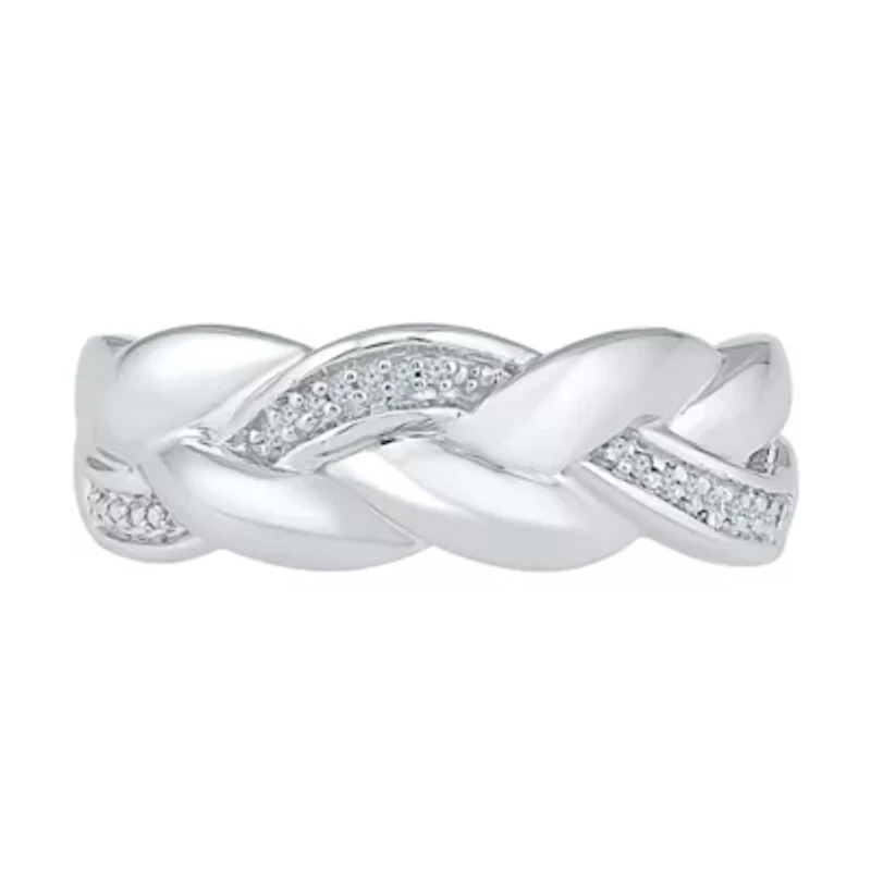 Womens 2MM Diamond Accent Natural White Sterling Silver Crossover Band