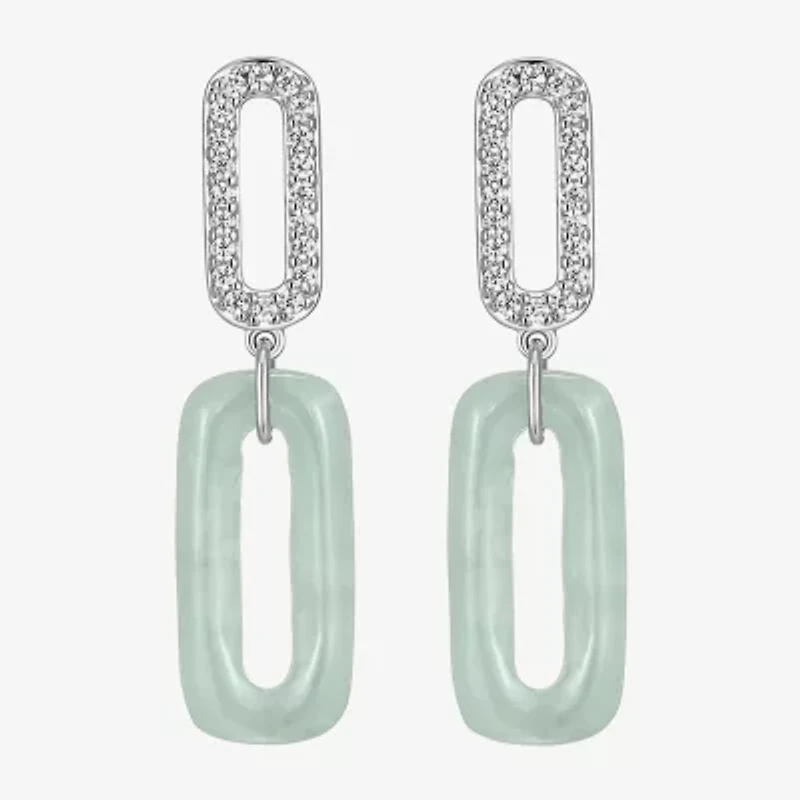 Womens Genuine Green Jade Sterling Silver Paperclip Drop Earrings