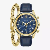 Bulova Diamond Mens Chronograph Blue Leather Strap Watch 98k110