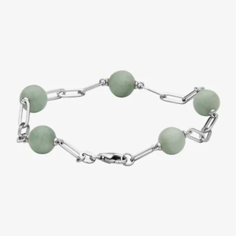 Womens Genuine Green Jade Sterling Silver Strand Bracelet