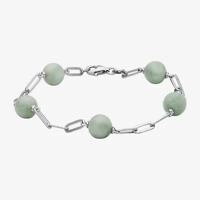 Womens Genuine Green Jade Sterling Silver Strand Bracelet