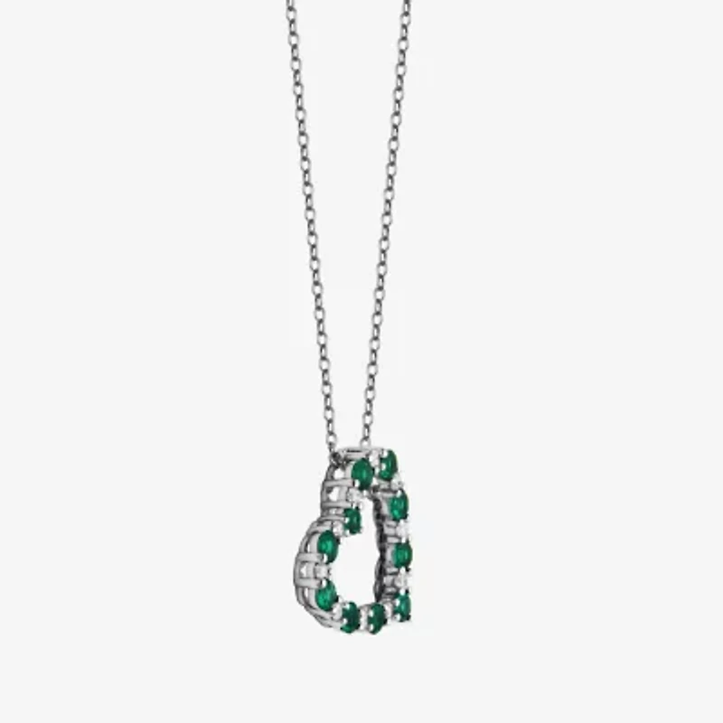 Womens Lab Grown Green Emerald & 1/7 CT. T.W. Lab Grown White Diamond Sterling Silver Heart Pendant Necklace