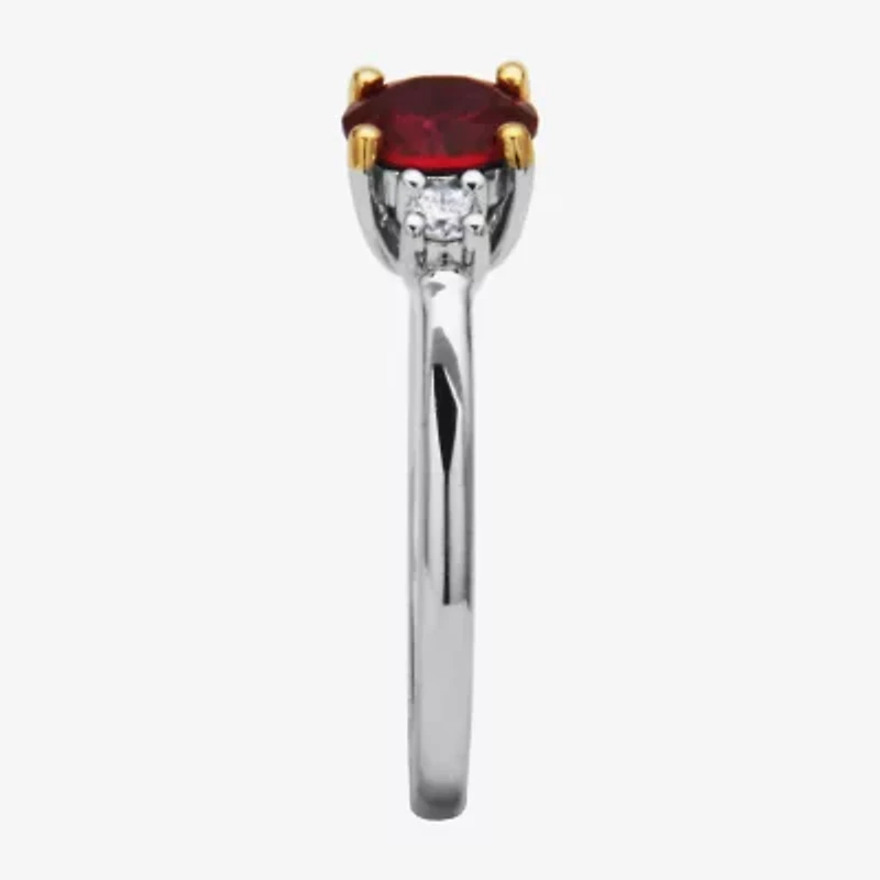Womens Lab Grown Red Ruby & 1/7 CT. T.W. Lab Grown White Diamond Sterling Silver 3-Stone Cocktail Ring