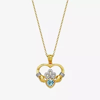 Heart-Shaped Genuine Aquamarine and Diamond-Accent Claddagh Pendant Necklace