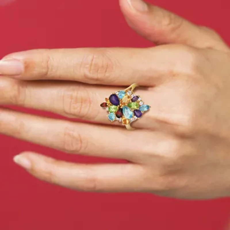 Womens Genuine Multi Color 18K Gold Over Silver Cluster Cocktail Ring