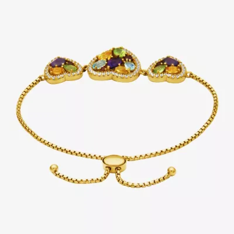 Womens Genuine Multi Color 18K Gold Over Silver Heart Bolo Bracelet