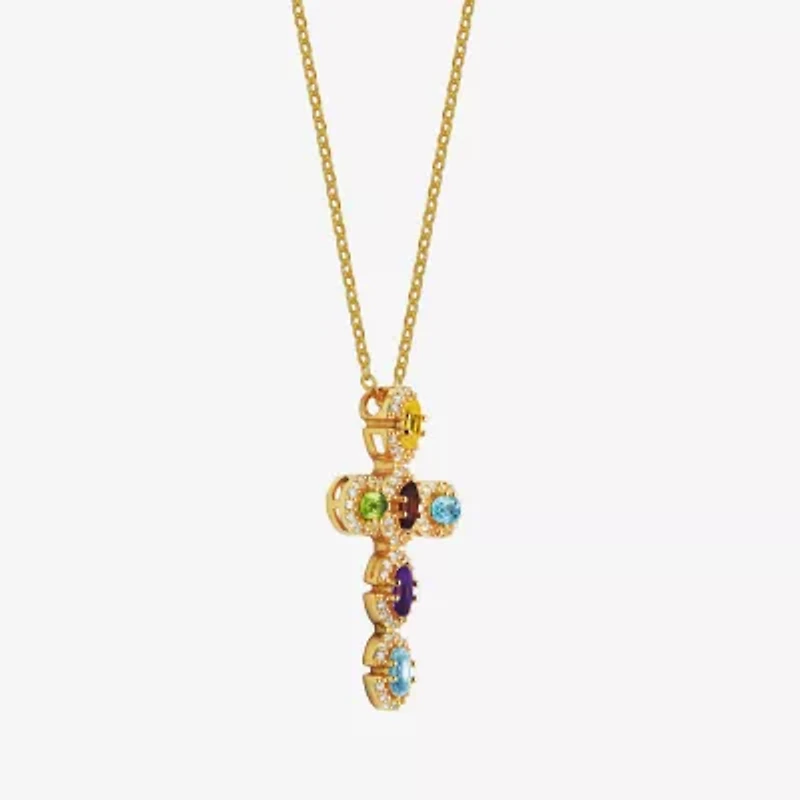 Womens Genuine Multi Color 18K Gold Over Silver Cross 18 Inch Pendant Necklace