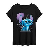 Womens Juniors Crew Neck Short Sleeve Lilo & Stitch Graphic T-Shirt