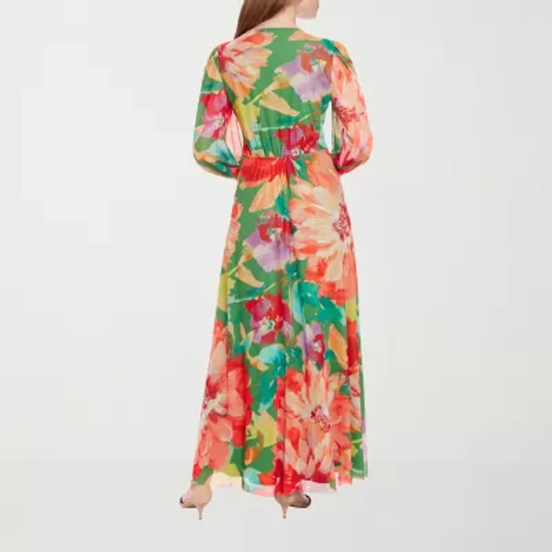 London Times Womens Long Sleeve Floral Maxi Dress