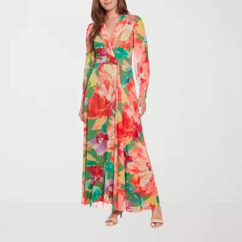 London Times Womens Long Sleeve Floral Maxi Dress