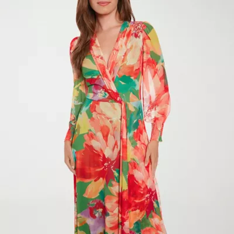 London Times Womens Long Sleeve Floral Maxi Dress