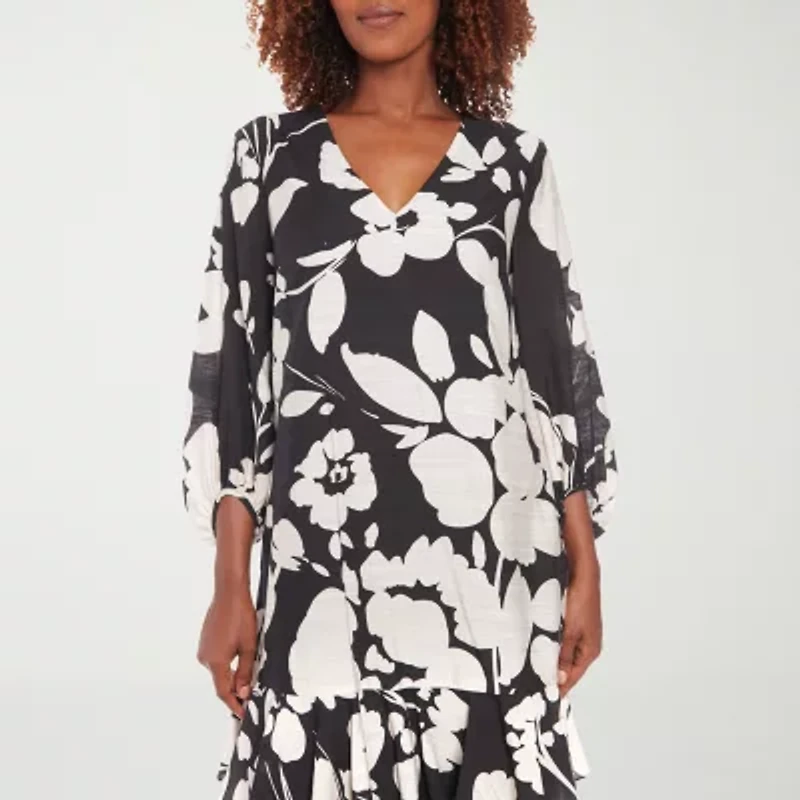 London Times Womens 3/4 Sleeve Midi Floral Shift Dress