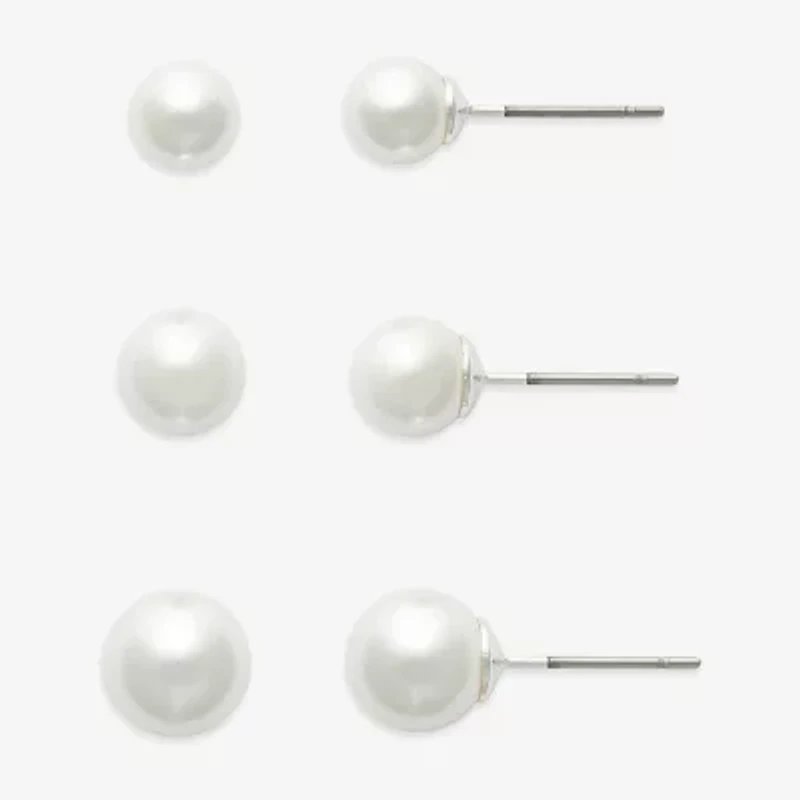Mixit Womens White Glass Simulated Pearl Hypoallergenic 3 Pair Earring Set