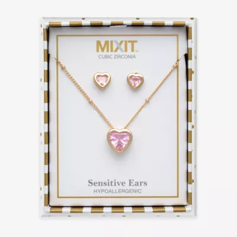 Mixit Womens Pink Cubic Zirconia Heart Hypoallergenic 3-pc. Jewelry Set
