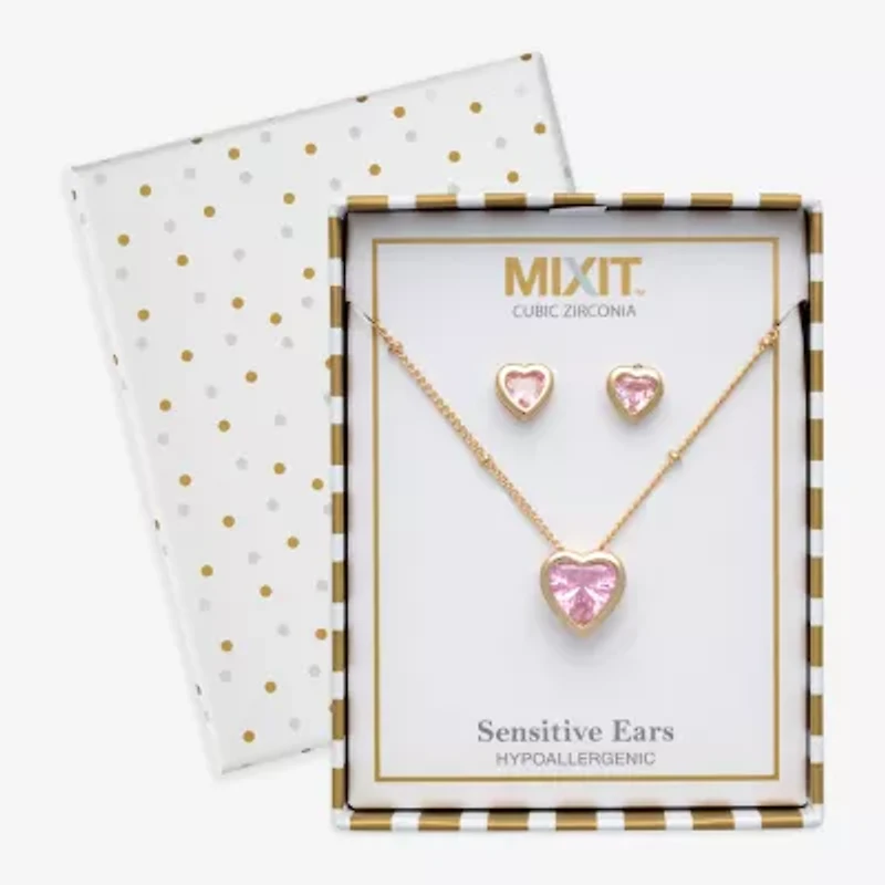 Mixit Womens Pink Cubic Zirconia Heart Hypoallergenic 3-pc. Jewelry Set