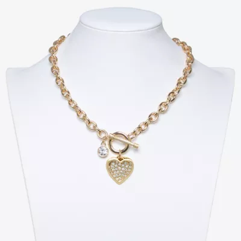 Bold Elements Gold Tone Womens Glass Heart 16 Inch Pendant Necklace
