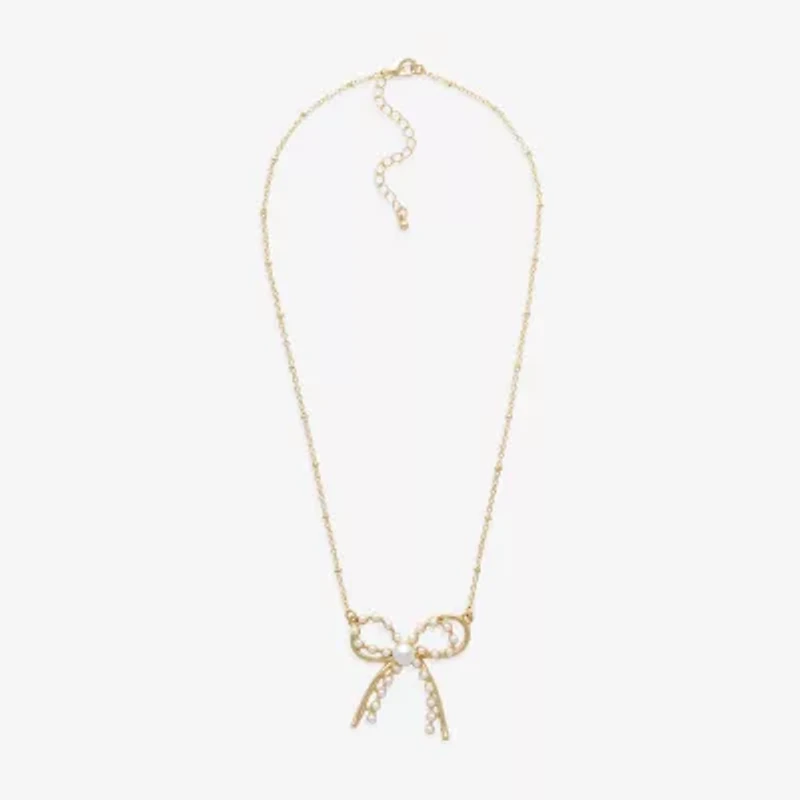 Bold Elements Gold Tone Womens Simulated Pearl Bow 18 Inch Pendant Necklace