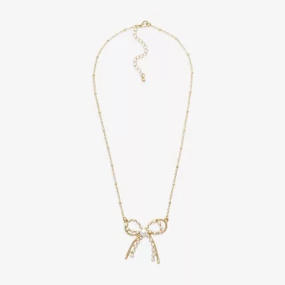 Bold Elements Gold Tone Womens Simulated Pearl Bow 18 Inch Pendant Necklace