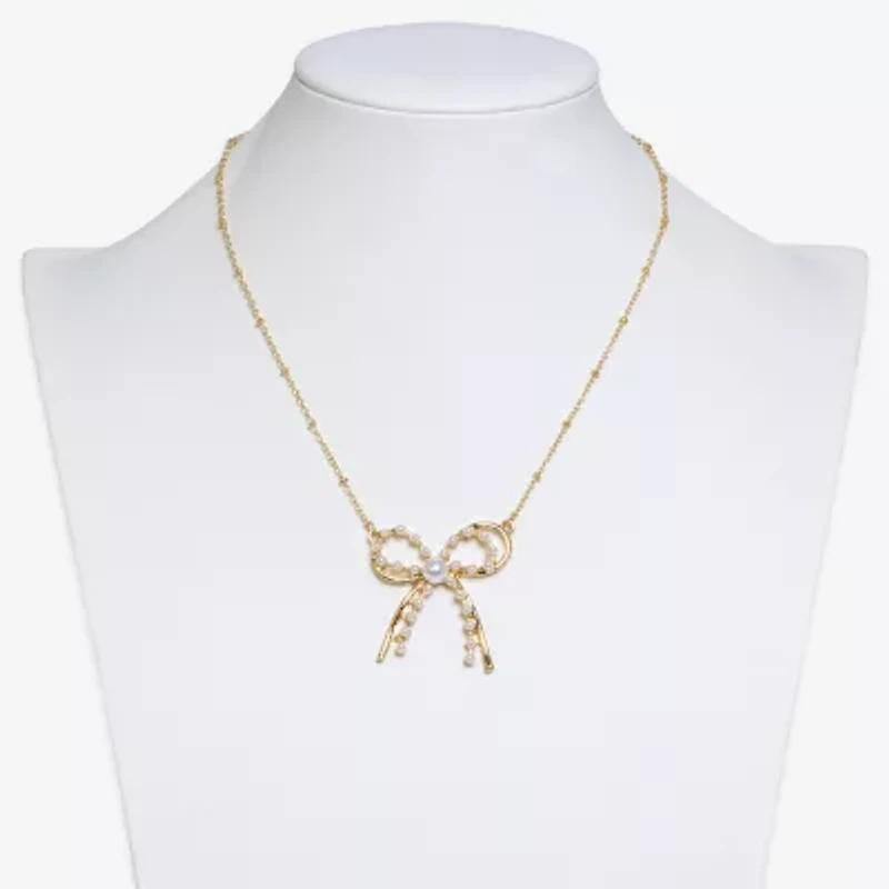 Bold Elements Gold Tone Womens Simulated Pearl Bow 18 Inch Pendant Necklace