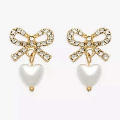 Mixit Womens Glass Simulated Pearl Bow Heart Drop Earrings