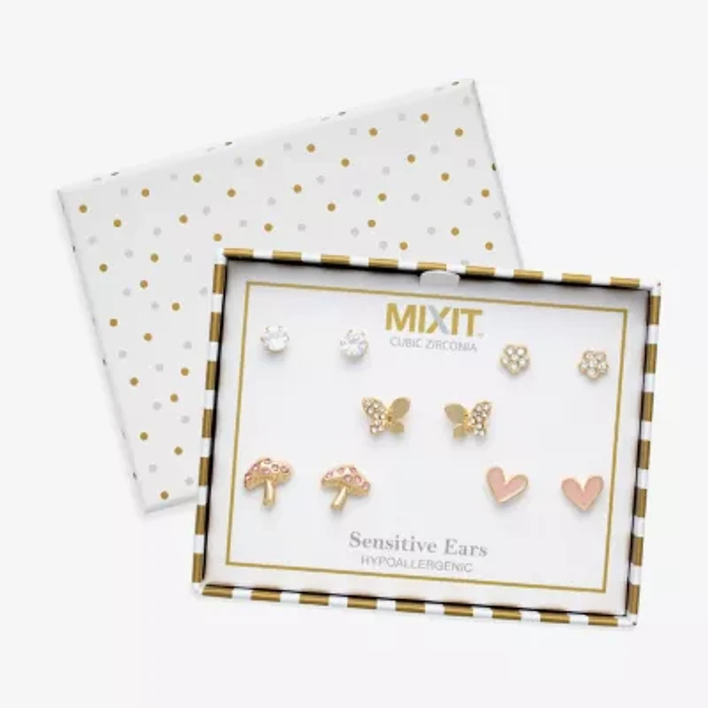 Mixit Mushroom Womens Glass Butterfly Flower Hypoallergenic 5 Pair Earring Set