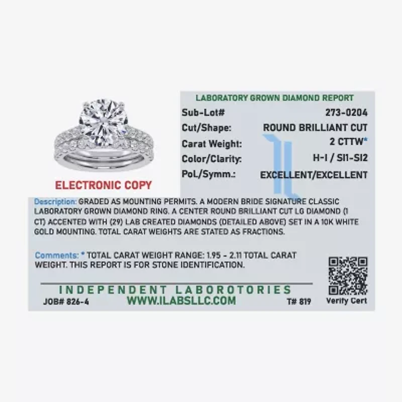 Signature By Modern Bride (H-I / Si1-Si2) Womens 2 CT. T.W. Lab Grown White Diamond 14K Gold Round Bridal Set