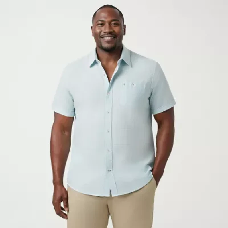 IZOD Dockside Chambray Mens Short Sleeve Classic Fit Big and Tall Button-Down Shirt