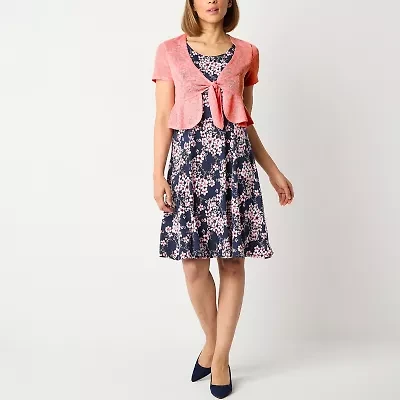 Perceptions Womens Round Neck Sleeveless Floral Jacket Dress