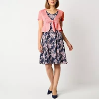 Perceptions Womens Round Neck Sleeveless Floral Jacket Dress