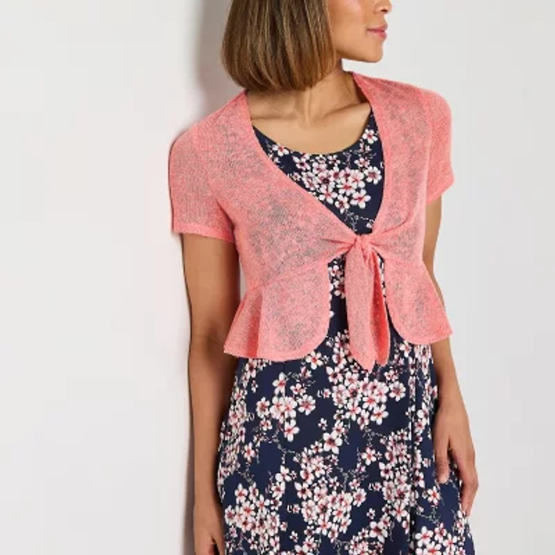 Perceptions Womens Round Neck Sleeveless Floral Jacket Dress