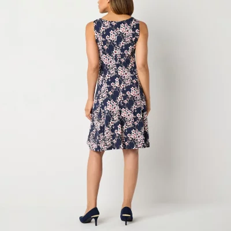 Perceptions Womens Round Neck Sleeveless Floral Jacket Dress