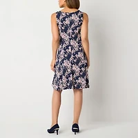 Perceptions Womens Round Neck Sleeveless Floral Jacket Dress