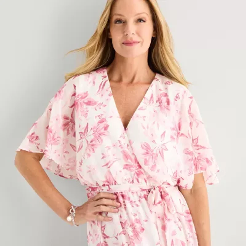 Studio 1 Womens Petite Short Sleeve Floral Maxi Dress