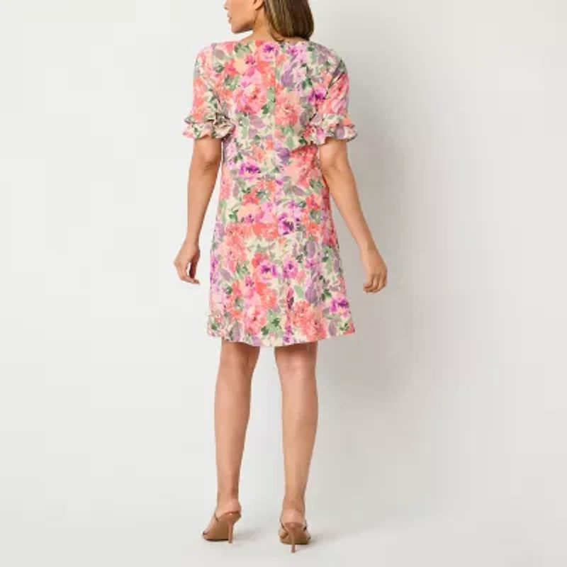 Perceptions Womens Petite Short Sleeve Floral Shift Dress