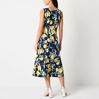 Perceptions Womens Petite Sleeveless Floral Midi Fit + Flare Dress