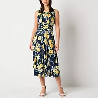 Perceptions Womens Petite Sleeveless Floral Midi Fit + Flare Dress