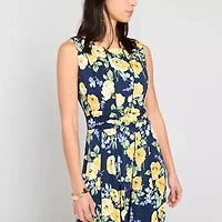 Perceptions Womens Petite Sleeveless Floral Midi Fit + Flare Dress