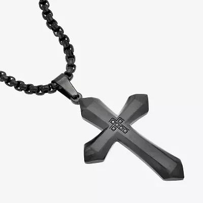 Cross Mens Black Cubic Zirconia Stainless Steel Cross 24 Inch Pendant Necklace