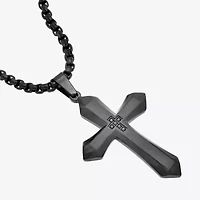 Cross Mens Black Cubic Zirconia Stainless Steel Cross 24 Inch Pendant Necklace
