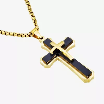 Cross Mens 14K Gold Over Stainless Steel Cross 24 Inch Pendant Necklace
