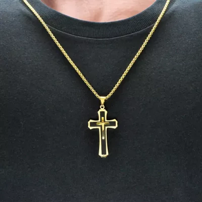 Cross Mens 14K Gold Over Stainless Steel Cross 24 Inch Pendant Necklace