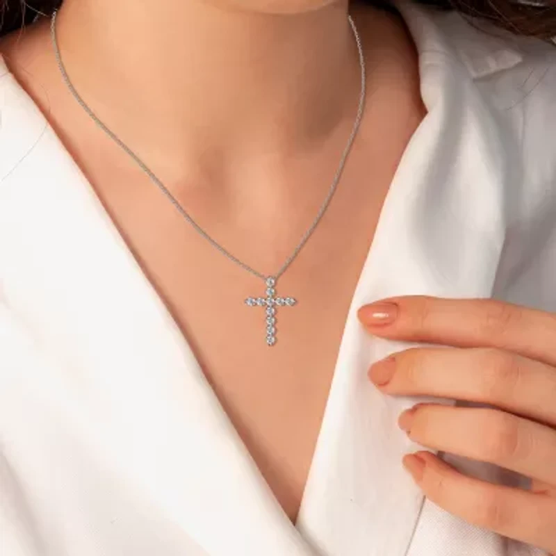 (G / Si1-Si2) Womens 1 CT. T.W. Lab Grown White Diamond Sterling Silver Cross 18 Inch Pendant Necklace