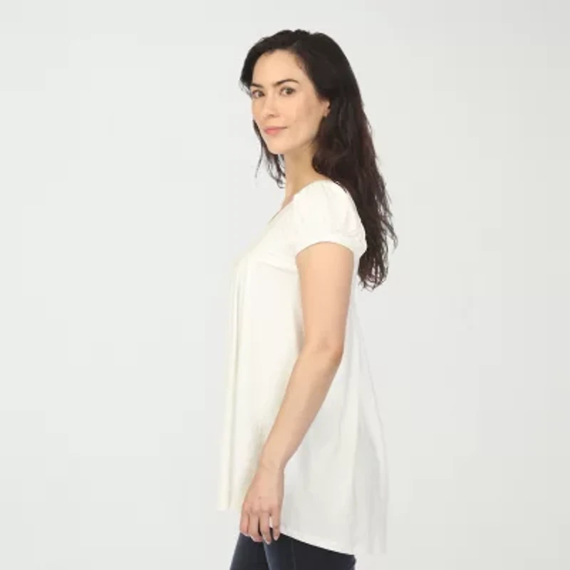White Mark Cap Sleeve Pleated Womens Crew Neck Short Tunic Top