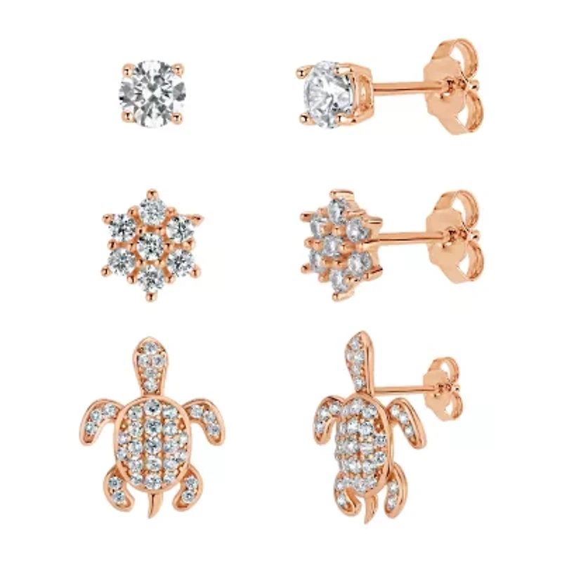 Womens 2 1/4 CT. T.W. Cubic Zirconia 18K Rose Gold Over Brass Sterling Silver 3 Pair Earring Set