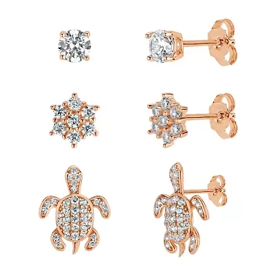 Womens 2 1/4 CT. T.W. Cubic Zirconia 18K Rose Gold Over Brass Sterling Silver 3 Pair Earring Set