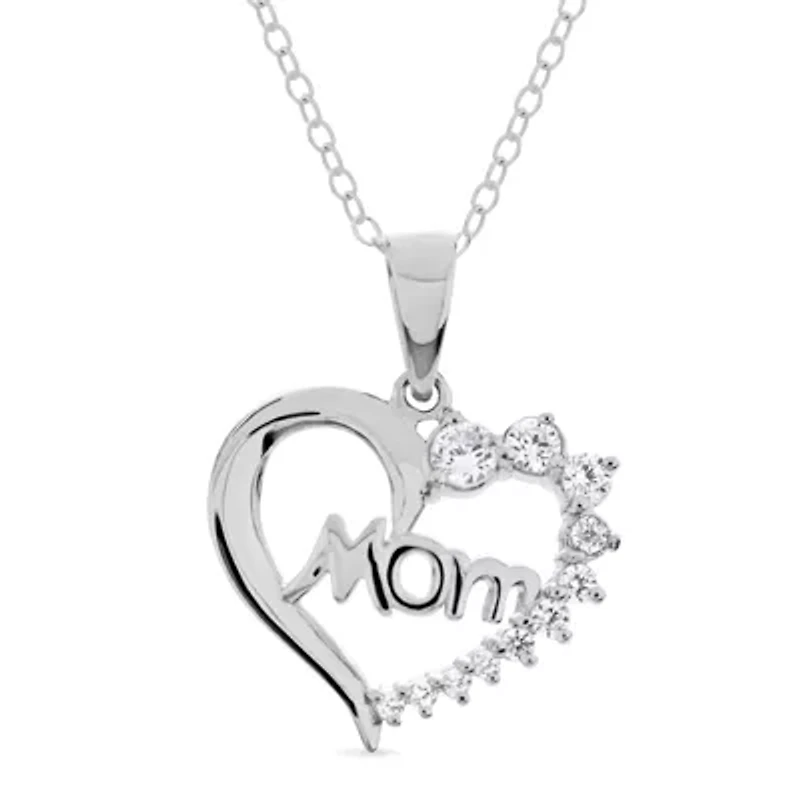 Mom Womens 7/8 CT. T.W. White Cubic Zirconia Sterling Silver Heart 18 Inch Pendant Necklace